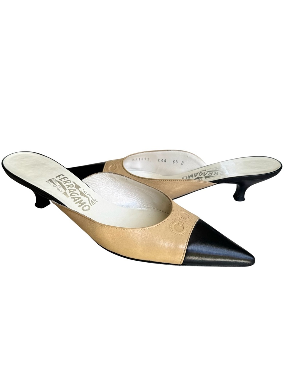 Salvatore Ferragamo Cap Toe Mules Sandals Kitten Heel